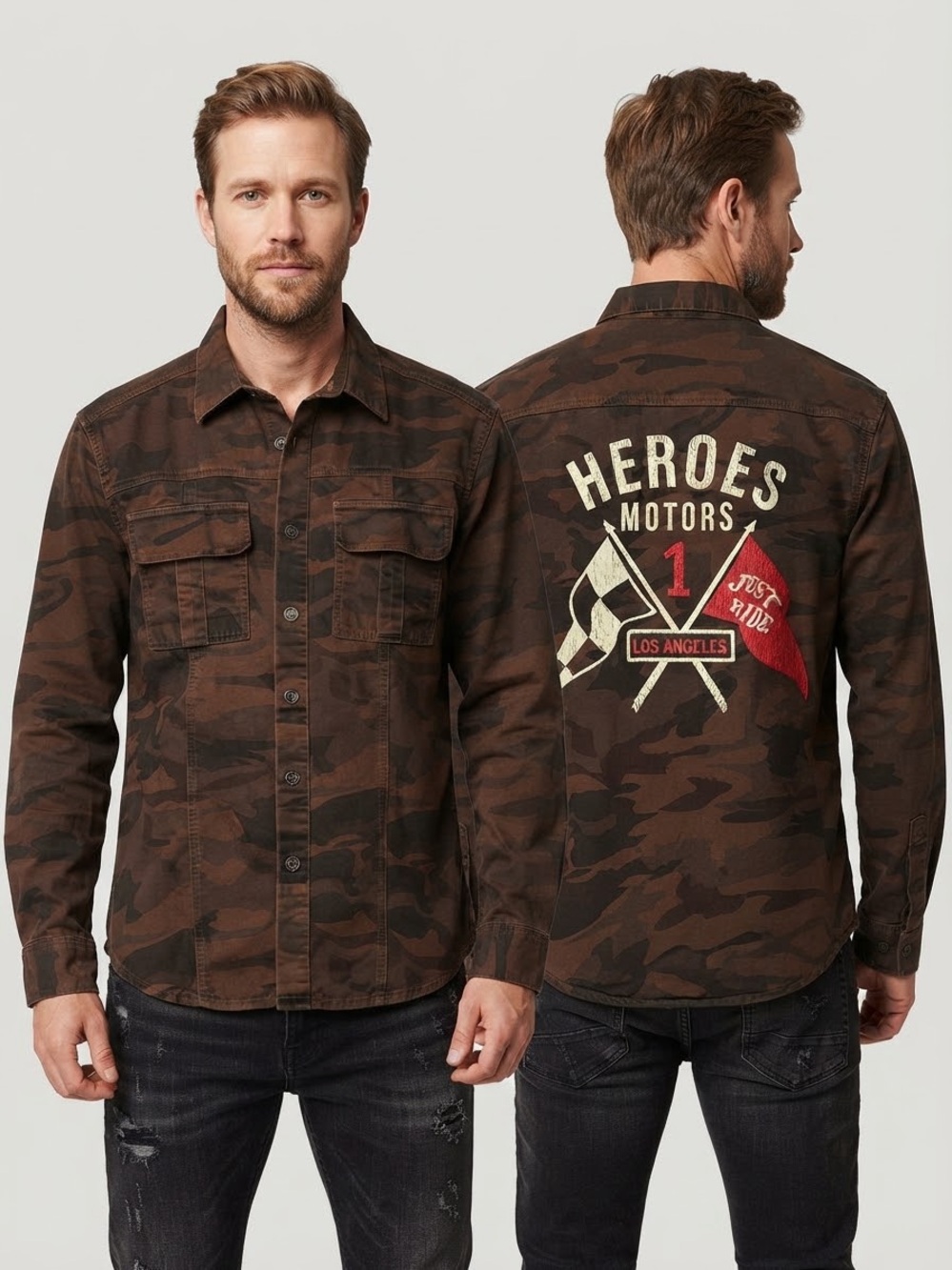 Heroes Motors Los Angeles Camo Long Sleeve Button-Down Shirt Size Large